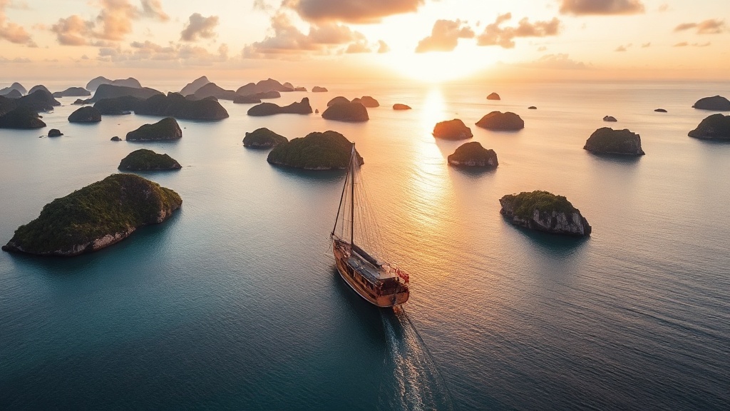 Phinisi luxury sailing yacht anchored among karst islands in eastern Indonesia at golden hour
